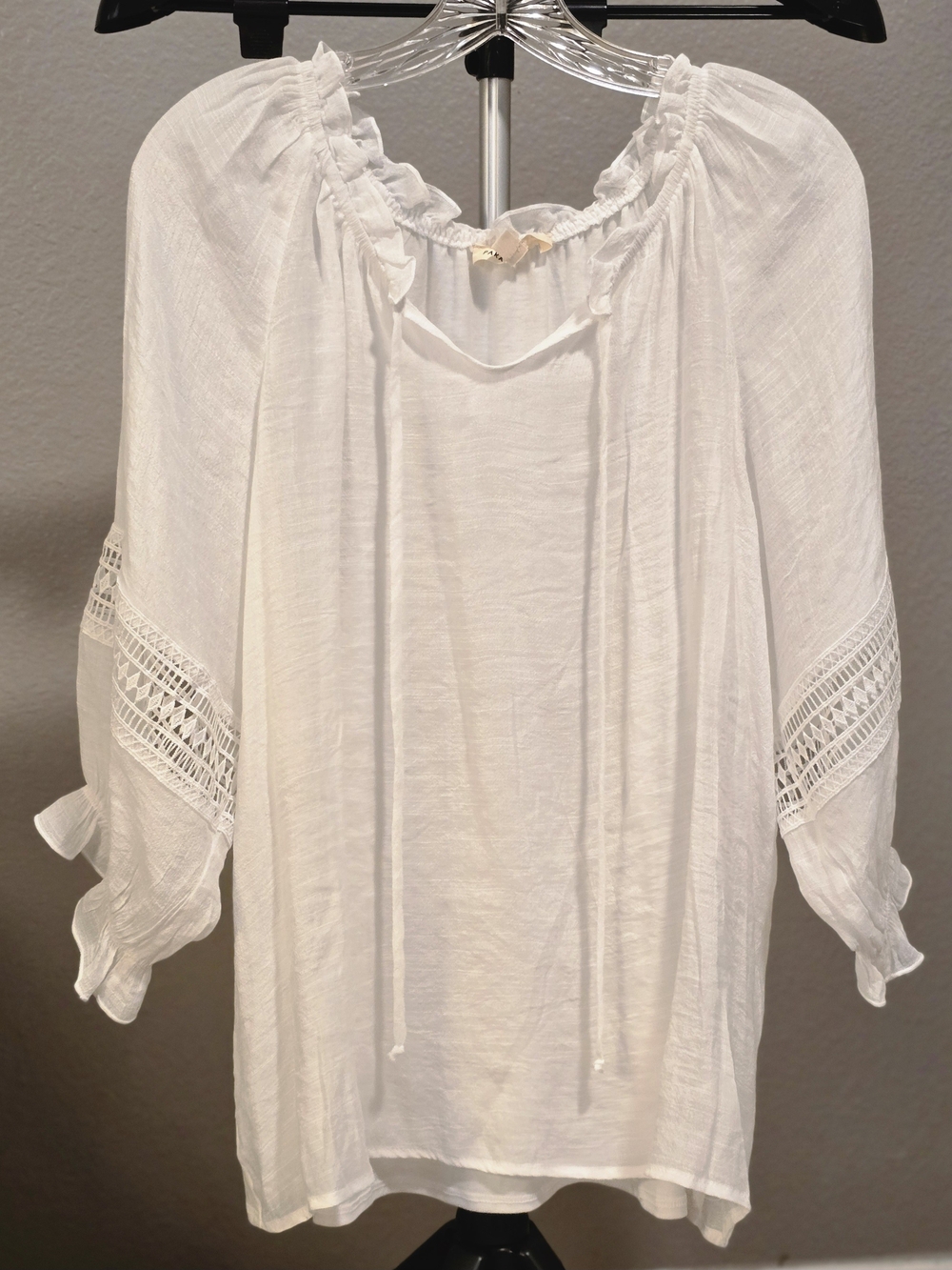 Parallel Skies White Boho Crochet Sleeve Peasant Blouse XL